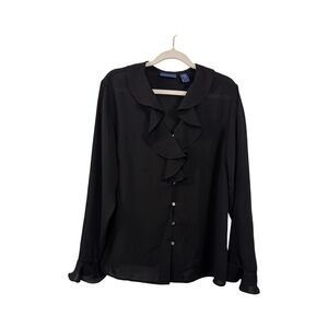 VTG Karen Scott Black Semi Sheet Button Up Ruffle Top Long Sleeve Size M